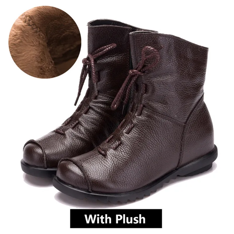 Brown Plush UPUPER Genuine Leather Women's Shoes Handmade Moccasins Shoes Women Booties High Quality Winter Shoes Warm Leather Ankle Boots - Цвет: Brown Plush