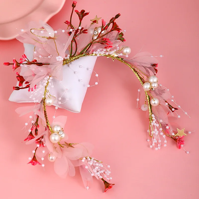 

Bridal Flower Pearl Headbands Crown Romantic Pink Lace Handmade Princess Bride Tiaras For Women Jewelry Accessories