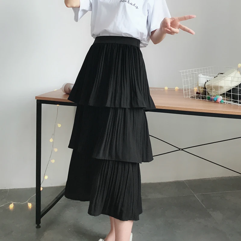 Весенне летняя однотонная белая черная многослойная шифоновая юбка Cakee Милая