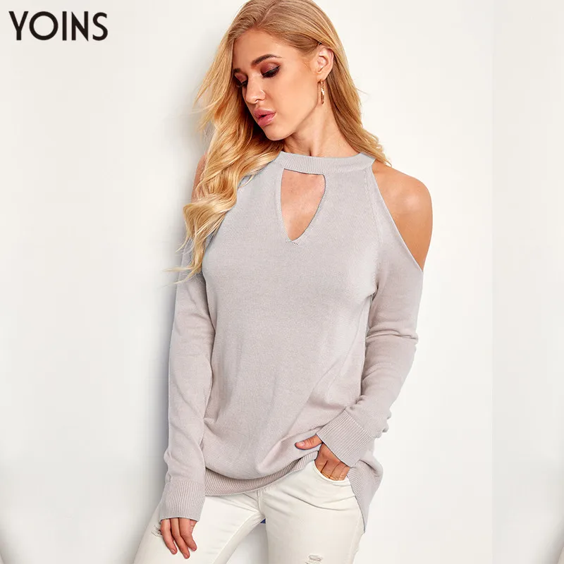 YOINS женский свитер джемпер с вырезами и открытыми плечами мода 2020 зимние топы