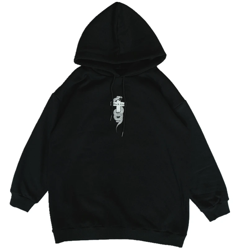 Black Hooded Готический Темный свитшот для женщин Harajuku крест змеиный принт длинный рукав свободный с капюшоном гранж-панк улица плюс бархат толстовки для женщин - Цвет: Black Hooded