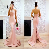 pink mermaid halter bridesmaid dresses sexy open back appliques sweep train long maid of honor gowns wedding guest dress formal