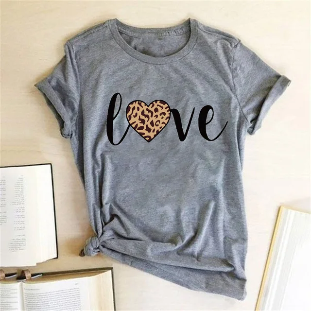 

T Shirt Leopard Love Letter Print Tshirt Women Clothing Short-Sleeved Cute Top Women Clothing Summer
