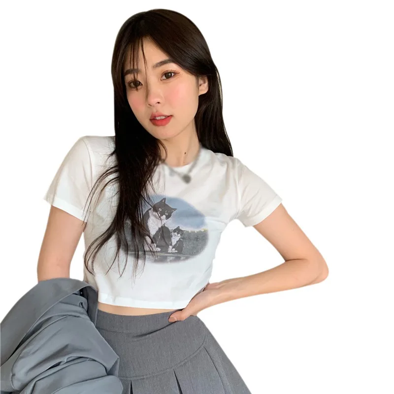 

Summer New Korean Style Print T-Shirts Women O Neck Slim Exposed Navel Short Sleeve Tee Shirt Ladies Casual Tops
