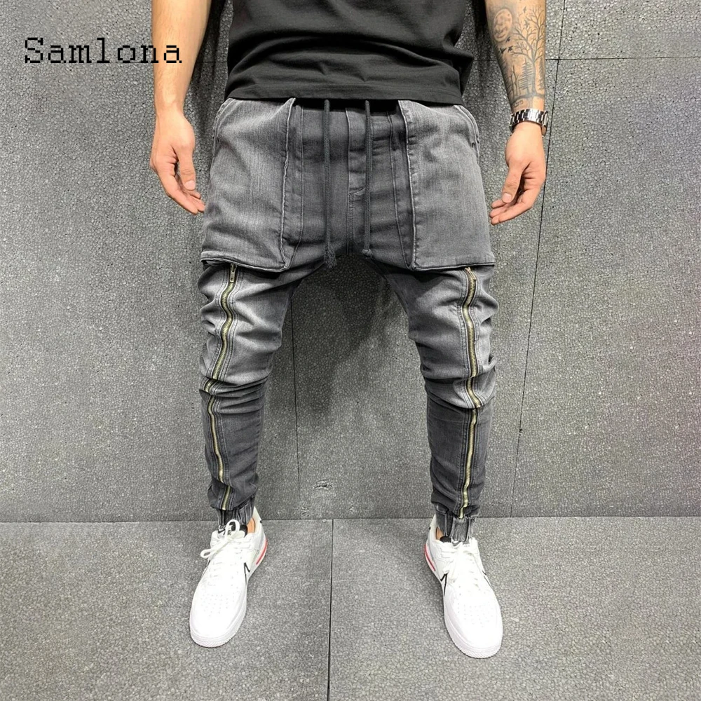 Samlona Plus size Men Jeans Denim Pants Slim Bottoms 2022 Summer Pant Male Patchwork Denim Jeans Pencil Trousers Mens clothing