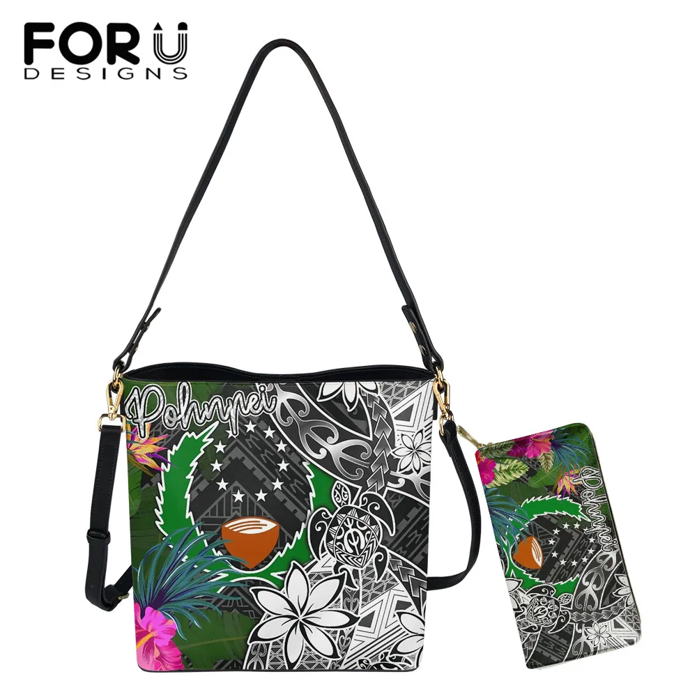 

FORUDESIGNS Luxury Pu Bucket Bag For Ladies Hawaiian Tribe And Pohnpei Style Women Casual Shoulder Handbag Female Clutch Purse