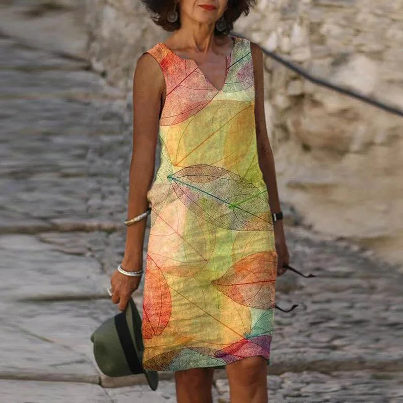 

New Women's Summer Fashion Casual Sexy Suspender Skirt Printed Loose V Neck Female Dresses