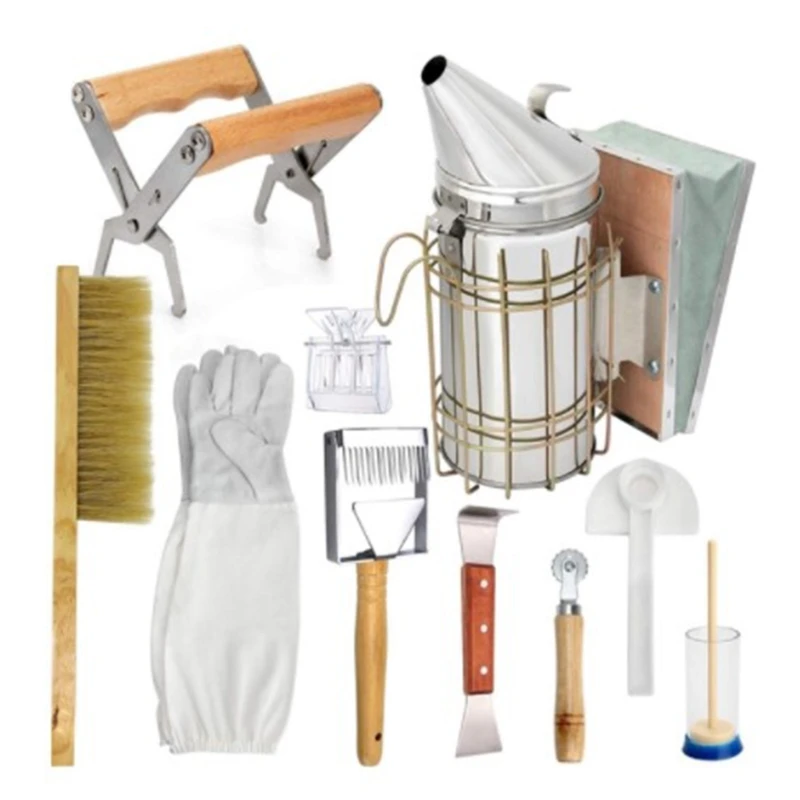 

1 Set Beekeeping Supplies Tools Kit Stainless Steel Bee Hive Smoker Brush Gloves Scraper Honey Knife Clip Accessories