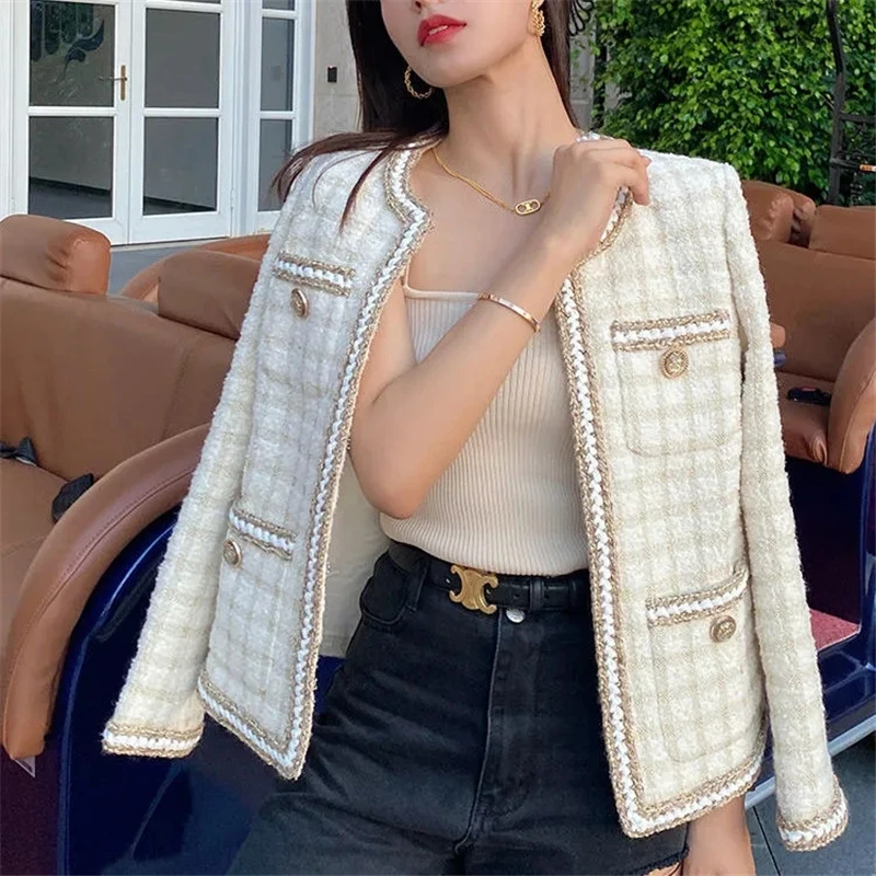 

Small Fragrance Vintage Tweed Plaid Jacket Women Streetwear Elegant Long Sleeve Wool Coat Designer Luxury Outerwear Spring Fall
