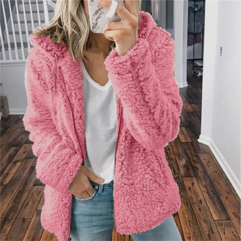 

New Women's Wool Coat Winter Autumn Hooded Plush Warm Zipper Jackets Spliced Slim Elegant Woolen Cardigan Tops Outerwear