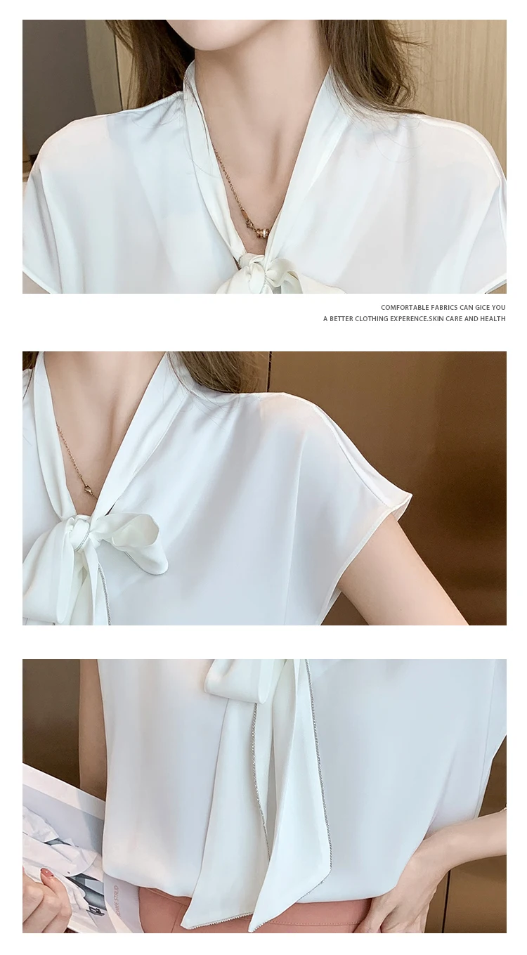 

Women's Blouse Chiffon Top V-neck Shirts Summer Tops Short Sleeve Blouses Fashion Shirt Casual New Solid Color Bow Houthion