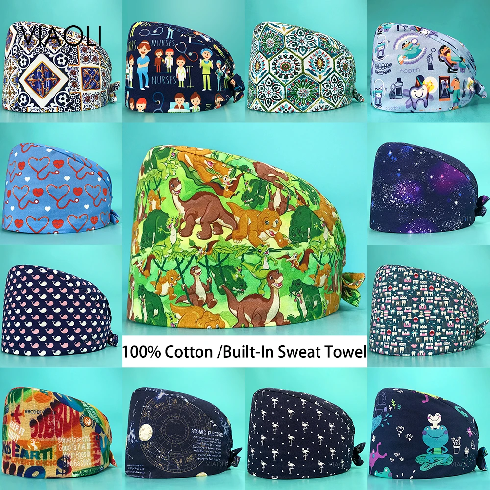 

Головной убор из чистого хлопка для врачей, регулируемая шапка для зоомагазина, много цветов, с мультяшным принтом, скрабы для зубов, для муж...