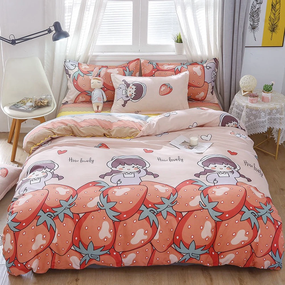 

Modern Style Home Textiles Bedding Set Strawberry Pattern Printing Quilt Cover Flat Sheet Pillowcases Bedclothes Sets 3/4pcs
