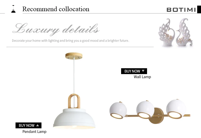 BOTIMI White Metal LED Pendant Lights For Dining Room Modern Indoor Wooden Kitchen Gray Hanging Lamp