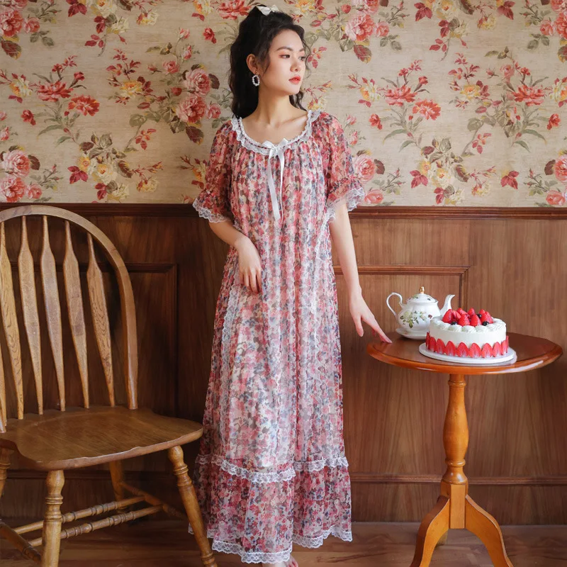 

Womens Nightdress For Summer French Palace Princess Gauze Printed Lace Short-sleeved Nightgown Fairy Long Soft Modal Sleepskirt