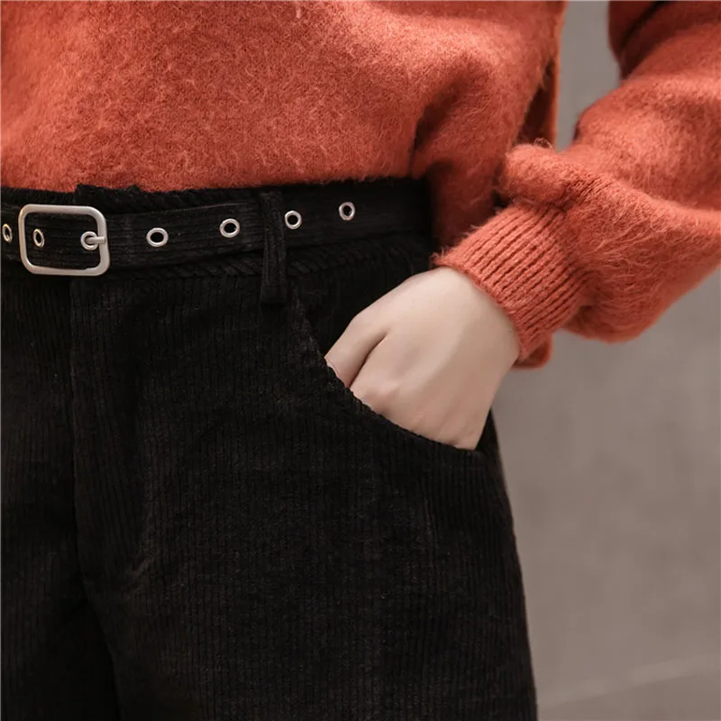 

High Waist Corduroy Shorts With Sashes Belts Women's Autumn Winter Korean Style Thick Office Lady Formal Shorts Black Brown