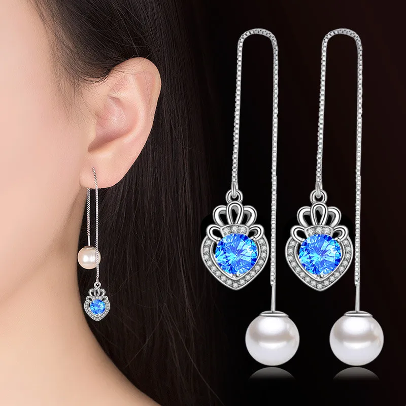 

Baroque Exquisite Crown Heart Earring Fashion Women AAA Zircon Silver Plated Pearl Long Line Dangle Earring Lady Party Jewelry