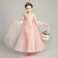 elegant sweet pretty pink mesh appliques long sleeve flower girls dresses kids baby birthday party prom first communion dress