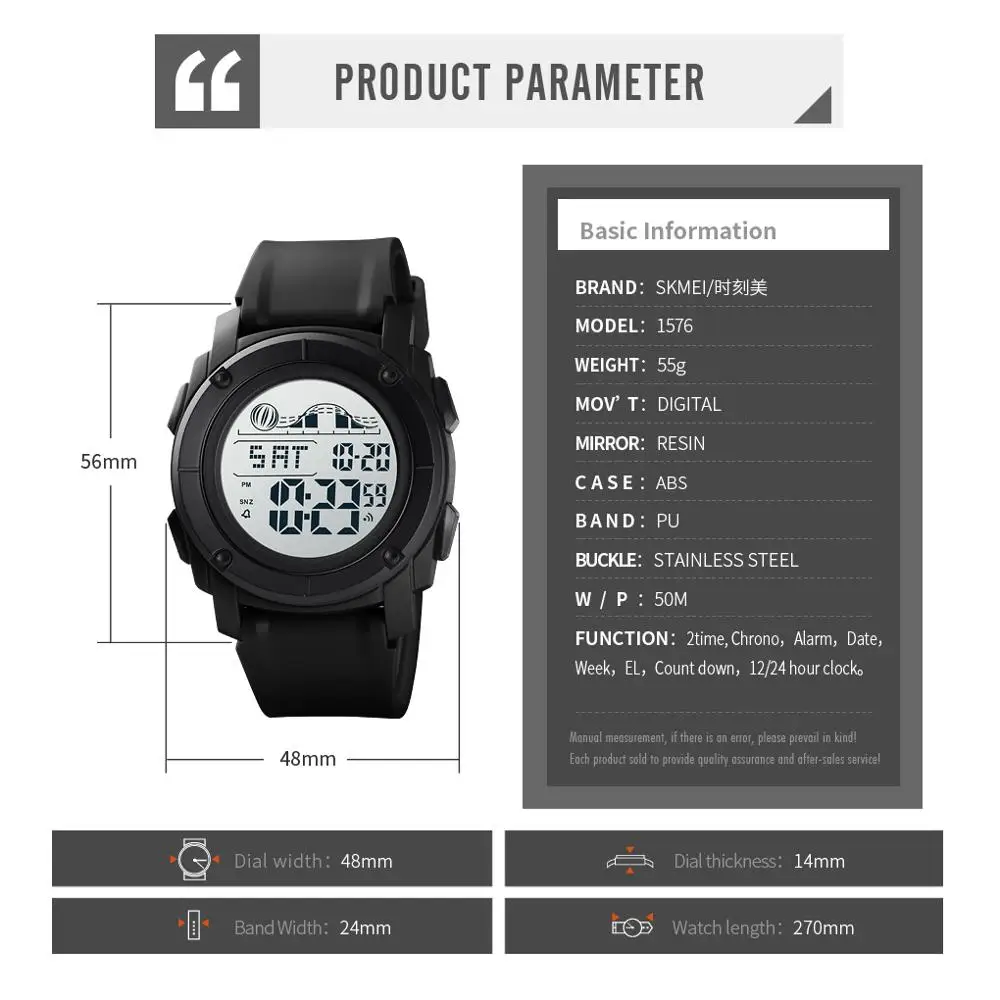 

SKMEI Digital Sport Watch Men 2 Time Chrono Wristwatches Mens Watches 12/24 Hour Alarm Clock Waterproof reloj hombre 1576