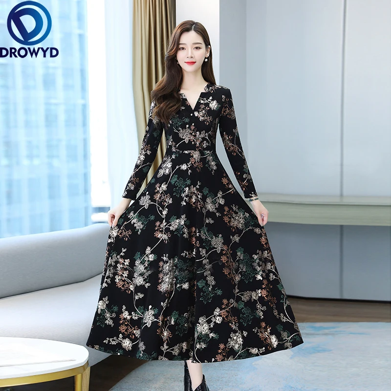 

2021 Vintage Plus Velvet Warm Midi Dress Autumn Winter Thicken V-neck Print Dress Elegant Women Bodycon Party Chic Maxi Vestidos