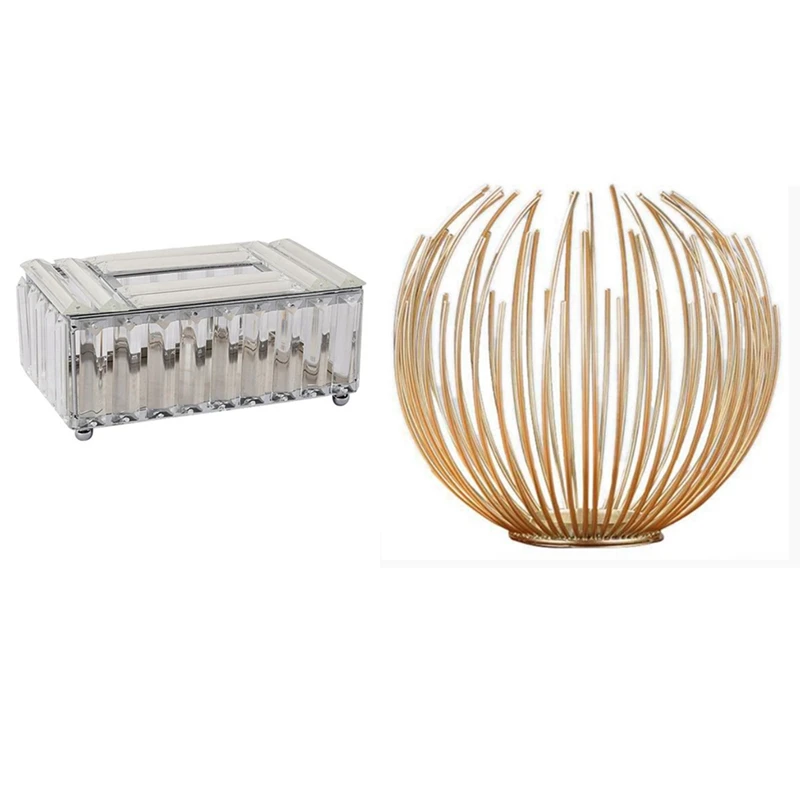 

Tissue Box Crystal Glass Luxury Container Silver & Gold Geometric Candlestick Candle Holder Craft Candlestick Decor