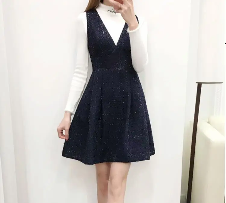 Плюс размер 3XL! зимнее твидовое платье Дамское шерстяное с v-образным вырезом без