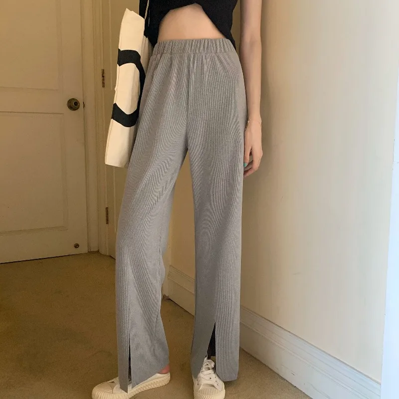 

Women's Pants 2021 Fashion Loose Trousers For Female Boot Cut Straight Pants Full Length High Waist Casual Wide Leg Split Pants