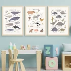 Кит, динозавр, ферма, жизнь, скандинавские плакаты и принты, животные, алфавит, цифры, искусство, холст, живопись, настенные картины для декора детской комнаты