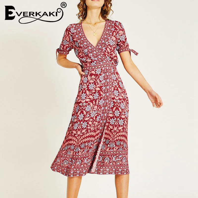 Everkaki Boho платье с цветочным принтом для женщин Регулируемый пояс пояса