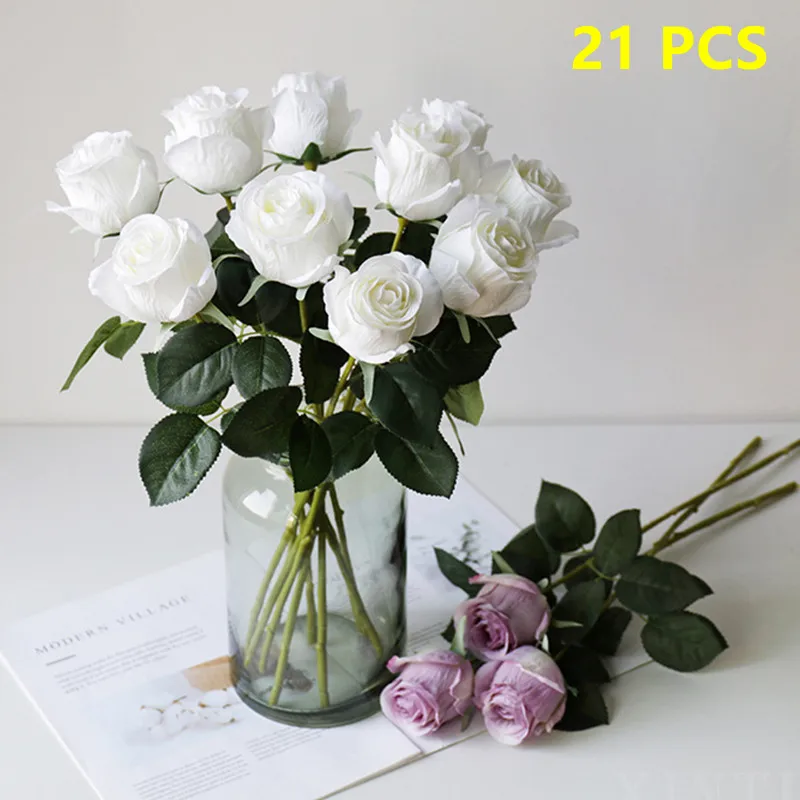 

21Pcs Rose Artificial Flower Red White Silk Fake Flower Party Home Wedding Birthday Decoration Valentine's Photography Props
