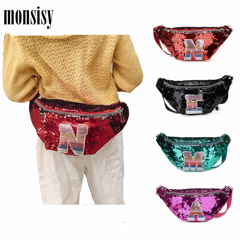 Monsisy/ Детские Поясные Сумки из искусственной кожи с блестками, блестящие поясные сумки для мальчиков и девочек, модные детские сумки на груди, кошельки для монет, портмоне