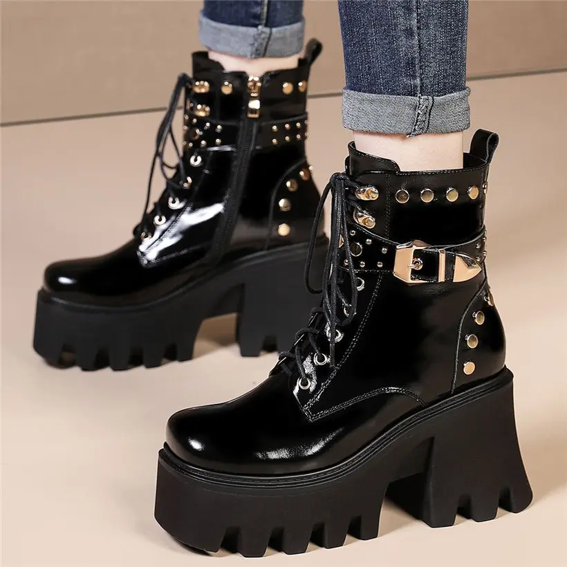 

Punk Goth Creeper Shoes Women Spike Studded Cow Leather Platform Ankle Boots Round Toe High Heels Buckle Pumps 34 35 36 37 38 39