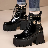 punk goth creeper shoes women spike studded cow leather platform ankle boots round toe high heels buckle pumps 34 35 36 37 38 39