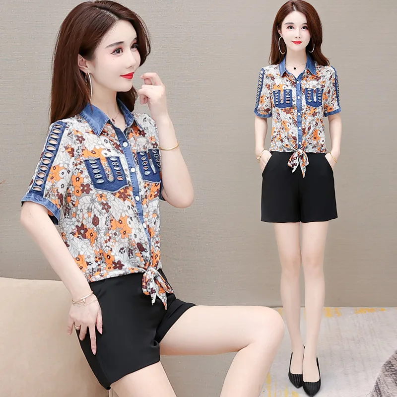 

female 2021 Shirt summer new style foreign style fashion thin age reducing denim splicing printing Chiffon short sleeve shirt