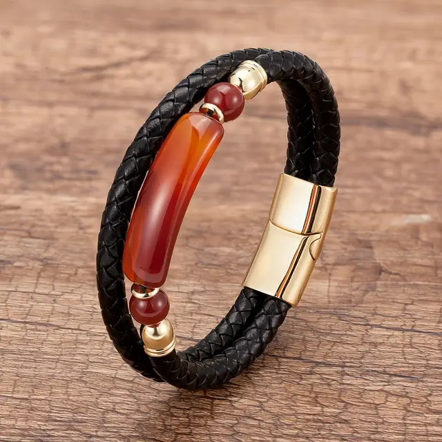Fashion genuine leather bracelet men multilayer rope natural stone bracelets stainless steel magnetic clasp bangle male jewelry