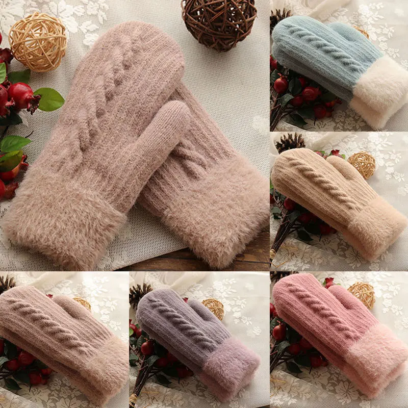 

Winter Plus Velvet Knitted Gloves Double Layer Thick Full Finger Gloves Woolen Knitting Gloves Women Outdoor Cycling Mittens