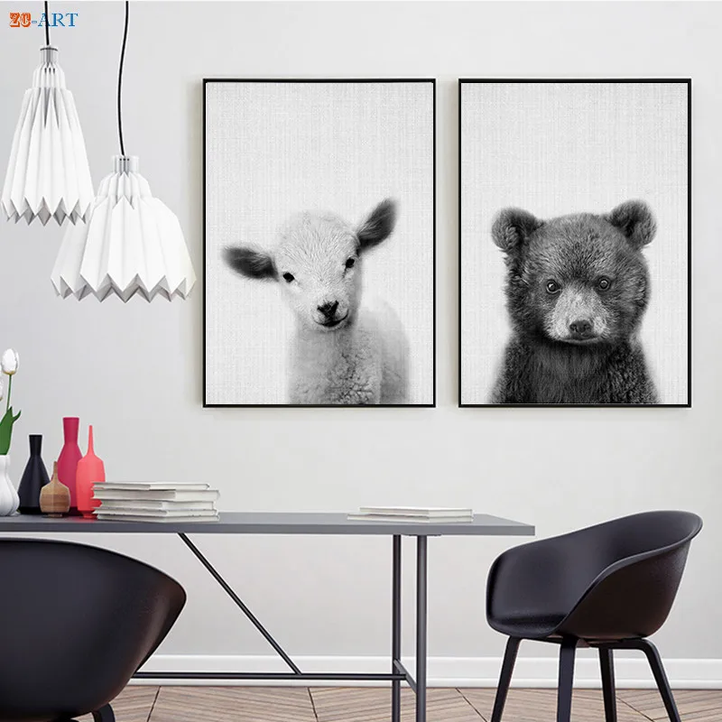 Настенная картина с лесными животными декор для детской комнаты черно белые
