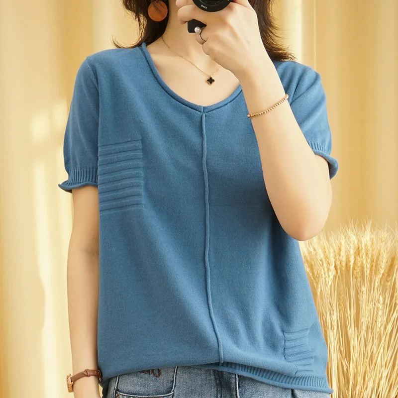 

SZDYQH 2020 New Summer 100% Cotton Women Solid Color Thin T-shirts Casual Tee Tops Summer V-Neck Short Sleeve Female T shirt