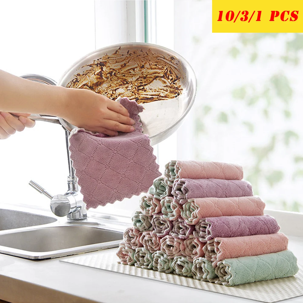 

10/3/1pcs Microfiber Kitchen Towel Soft Double-layer Absorbent Dish Towel Non-stick Oil Kitchen Rag Cleaning Scouring Pad