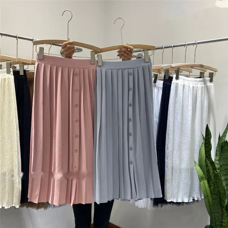 

PEONFLY Long Skirt Women Solid Vintage High Waist Pleated Korean Fashion Females Elegant Casual Comfortable Vintage Harajuku