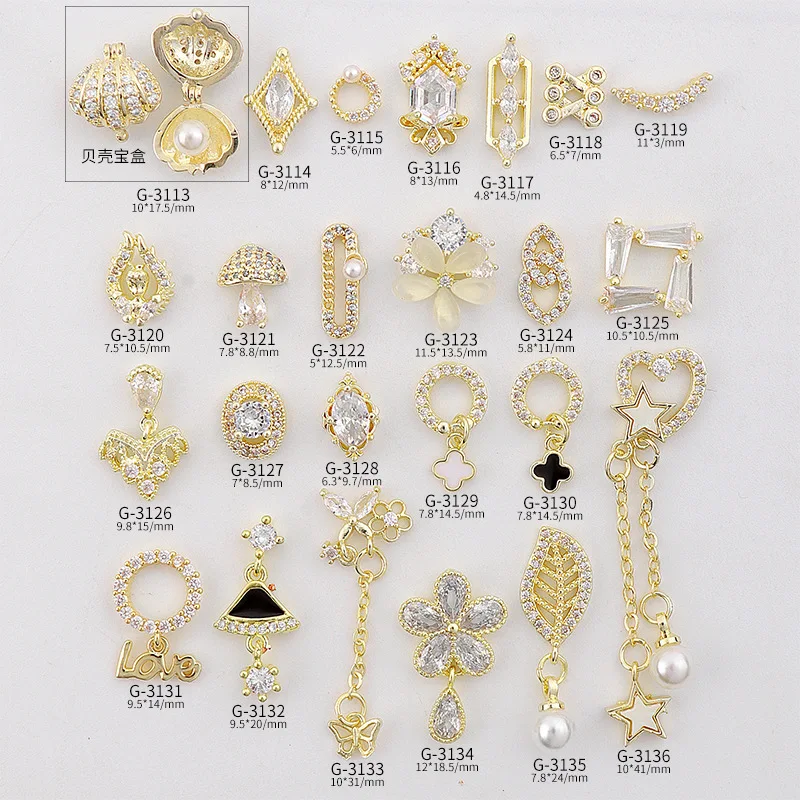 

Real Gold Zircon Shiny 3D Nail Art Decorations Crystal Metal Chain Pearl Shell Flower Star Diamond Rhinestones for Nails Jewelry