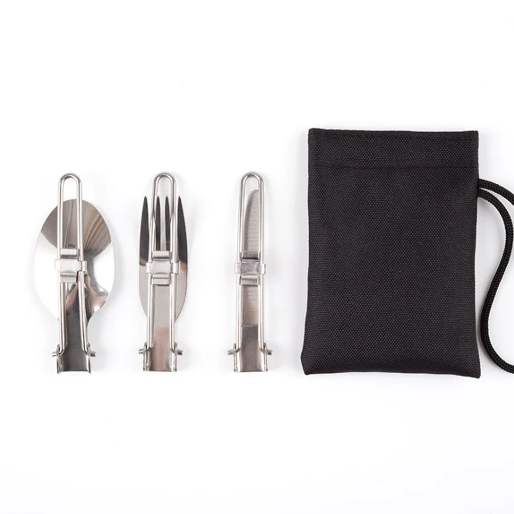 

Outdoor Folding Cutlery With Bag Stainless Steel Picnic Cutlery Set Fork Spoon Utensil Camping Tableware Cooking Supplies