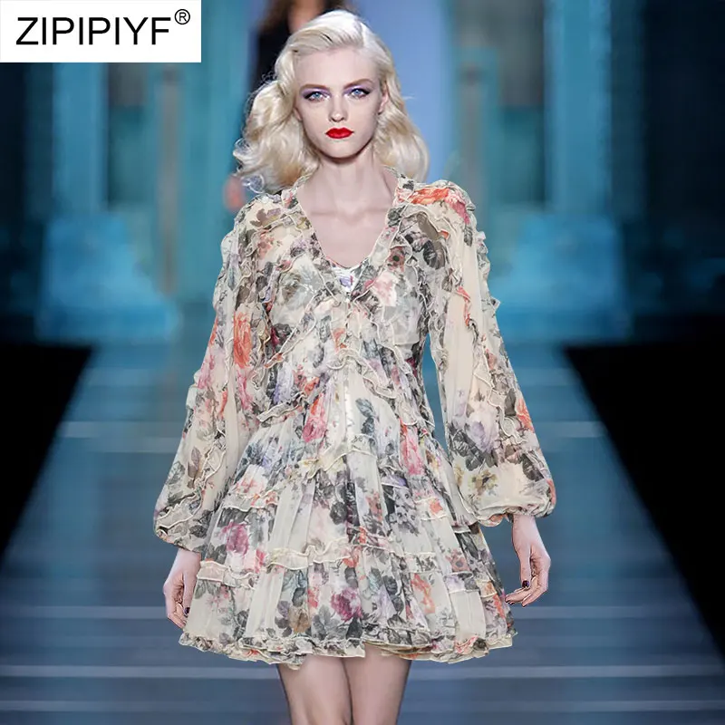 

2021 Summer Runway Fashion Long Lantern Sleeve Ruffles Design Layered Ball Gown High Waist Floral Printing Short Dresses Z271