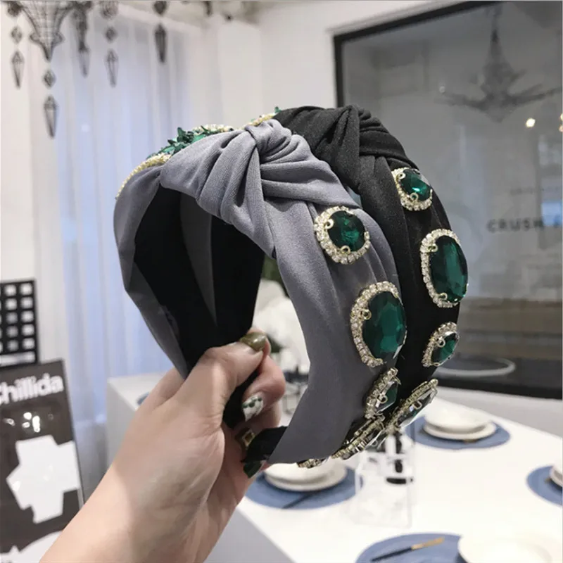 

High-end Hair Accessories Women's Retro Emerald Emerald Knitted Knotted Wide Hairbands Headband Gorgeous Flash Diamond Hair band