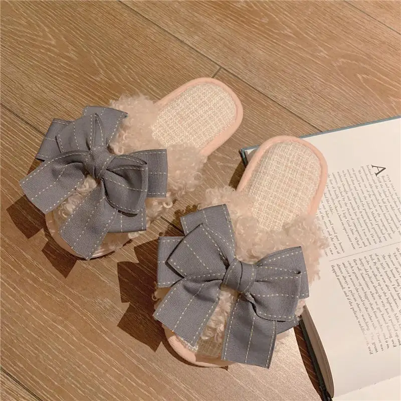 

Big Bowknot Wool Slippers 2021 Fashionable Women Sandals Indoor Home Warm Female Autumn Winter Slippers Women's Shoes For Spring