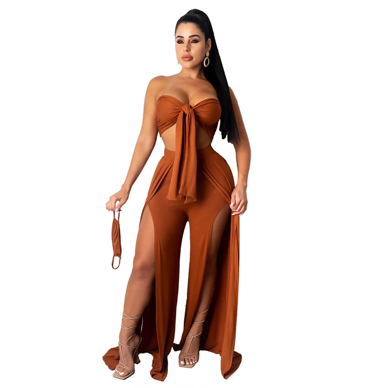 

Sexy Two Piece Set Strapless Bandage Crop Top High Split Pants for Women Summer Vacation Outfits Night Club Matching Set