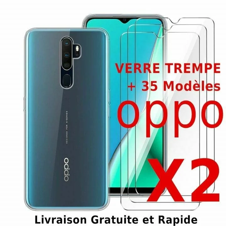 

For OPPO A9 2020/ A5 2020/ Reno2 - 2 Vitre verre tremp film protection cran+ Coque