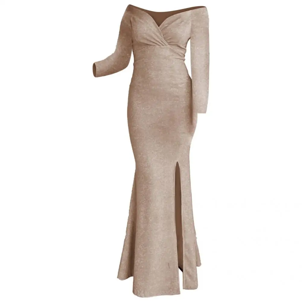 

Sexy Formal Dress Women V Neck Autumn Winter Bodycon Dress Pleats Pure Color Dress Elegant Party