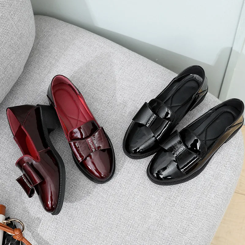 

Genuine Leather Retro Bow Ladies Oxfords Flat Shoes Round Toe Slip On Sneakers Large Size 35-43 Patent Women Flats Loafers Shoes