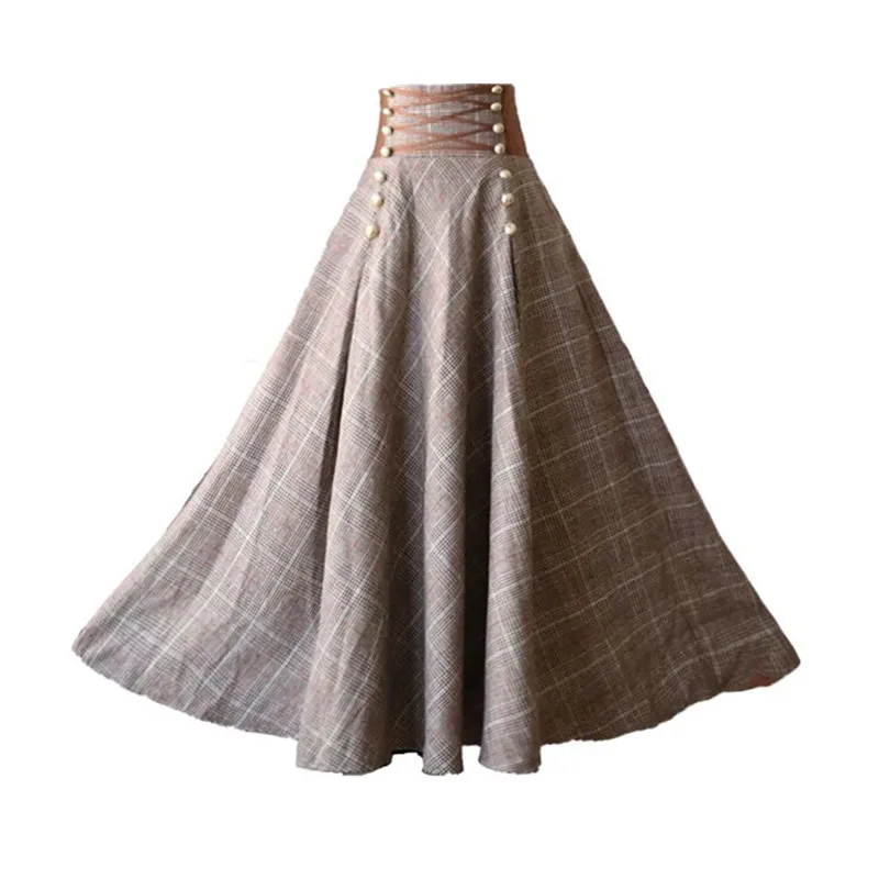 

French Chic Vintage High Waisted Button Design Back Lace-Up Corset Skirt Women Autumn Winter Thick A-Line Long Maxi Wool Skirts